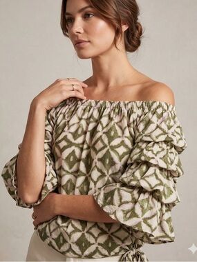 CeCe Off the Shoulder Geometric Blouse Olive Green Smocked Tie Waist Top 1776